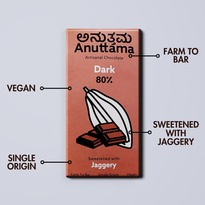 ANUTTAMA Dark Chocolate | 80% Cocoa | Natural Jaggery Sweetened | Dark Chocolate Bar | No Artificial Flavours and Colors | Natural Chocolate Bar (Pack Of-2 Each 50g)gm