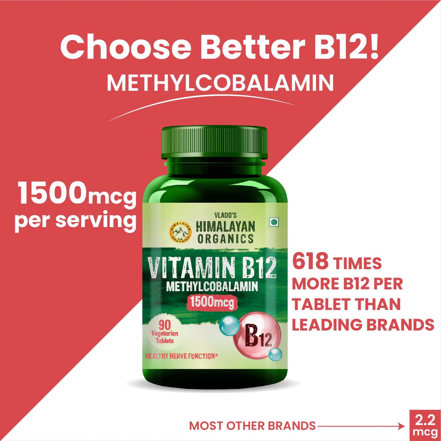Vlado's Himalayan Organics Methylcobalamin Vitamin B12 1500mcg - 90 Veg Tablets