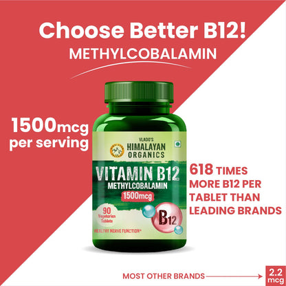 Vlado's Himalayan Organics Methylcobalamin Vitamin B12 1500mcg - 90 Veg Tablets