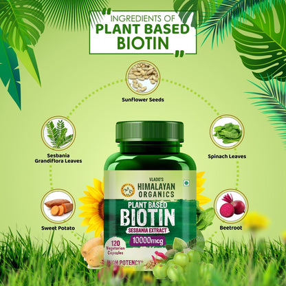 Vlado's Himalayan Organics Plant Based Biotin 10,000mcg/Serve- 120 Veg Capsules