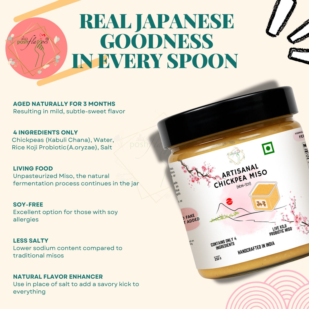 Alla's Posh Flavors Authentic Japanese Miso Paste | Formulated & Made under Japanese Guidance In India | No Preservatives | 100% Natural, Unpasteurized & Rich in Live Koji Probiotics (Non-Soy Chickpea Miso, 250 Grams)