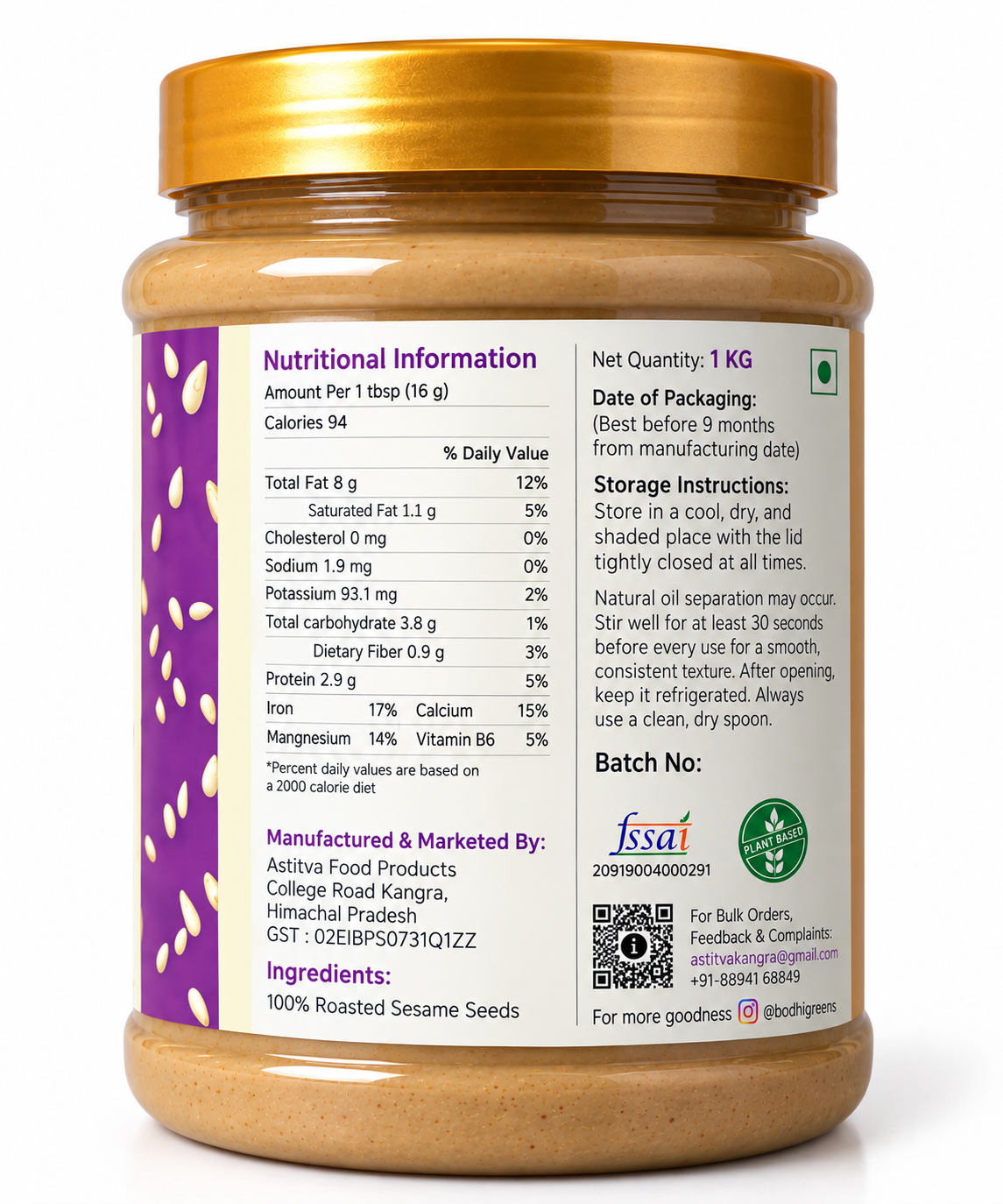 Bodhi Greens Sesame butter | Single Ingredient | 1kg