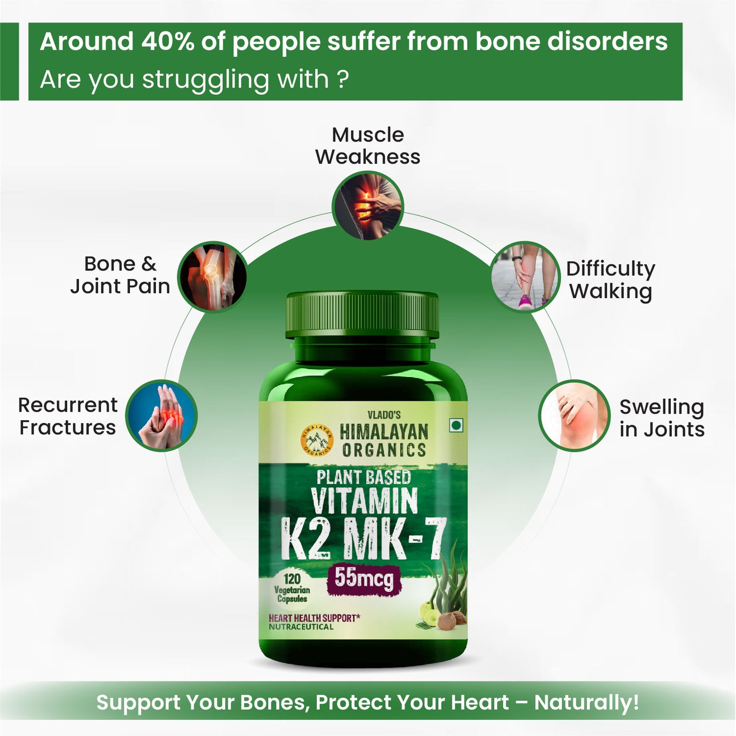 Vlado's Himalayan Organics Plant-Based Vitamin K2 MK- 7 Supplement 55 MCG / Serving - k2 supplements for Men & Women - 120 Veg Capsules