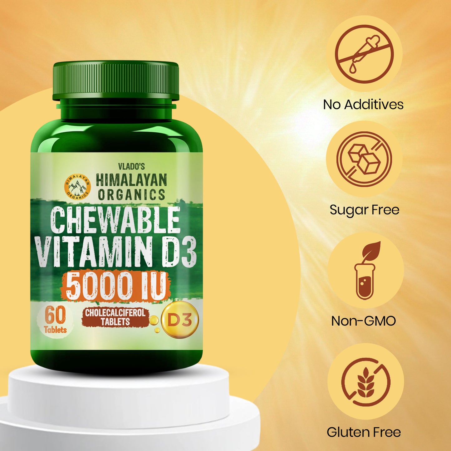 Vlado's Himalayan Organics Vitamin D3 5000 IU Chewable Tablets | Cholecalciferol | Orange Flavour | Dietary Supplement for Men & Women | 60 Tablets