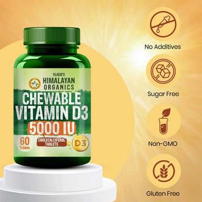 Vlado's Himalayan Organics Vitamin D3 5000 IU Chewable Tablets | Cholecalciferol | Orange Flavour | Dietary Supplement for Men & Women | 60 Tablets