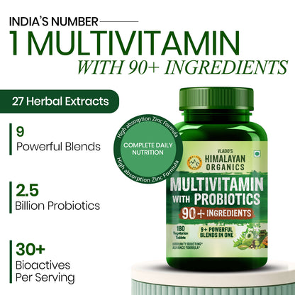 Vlado's Himalayan Organics Immunity Multivitamin Tablet for Men & Women with Probiotic 90+Vital Nutrients and 9+ Probiotic blends for Increase Energy & Immunity - Boost stamina, Strength & Muscles and Overall Health I 180 Veg Tablets