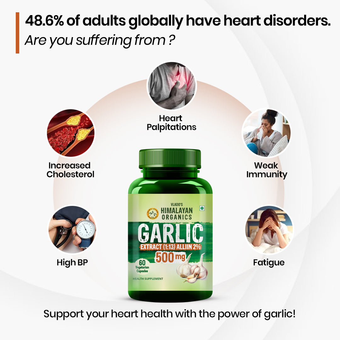 Vlado’s Himalayan Organics Garlic 500mg Supplement | Extract (1:13) Allium Sativum - 60 Veg Capsules