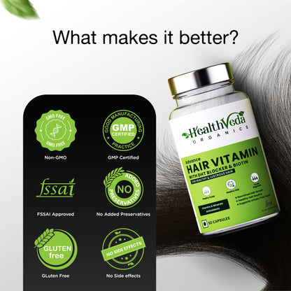 Health Veda Organics Advance Hair Vitamin with DHT Blocker & Biotin | Clinically proven Hair Vitamins - 60 Veg Capsules