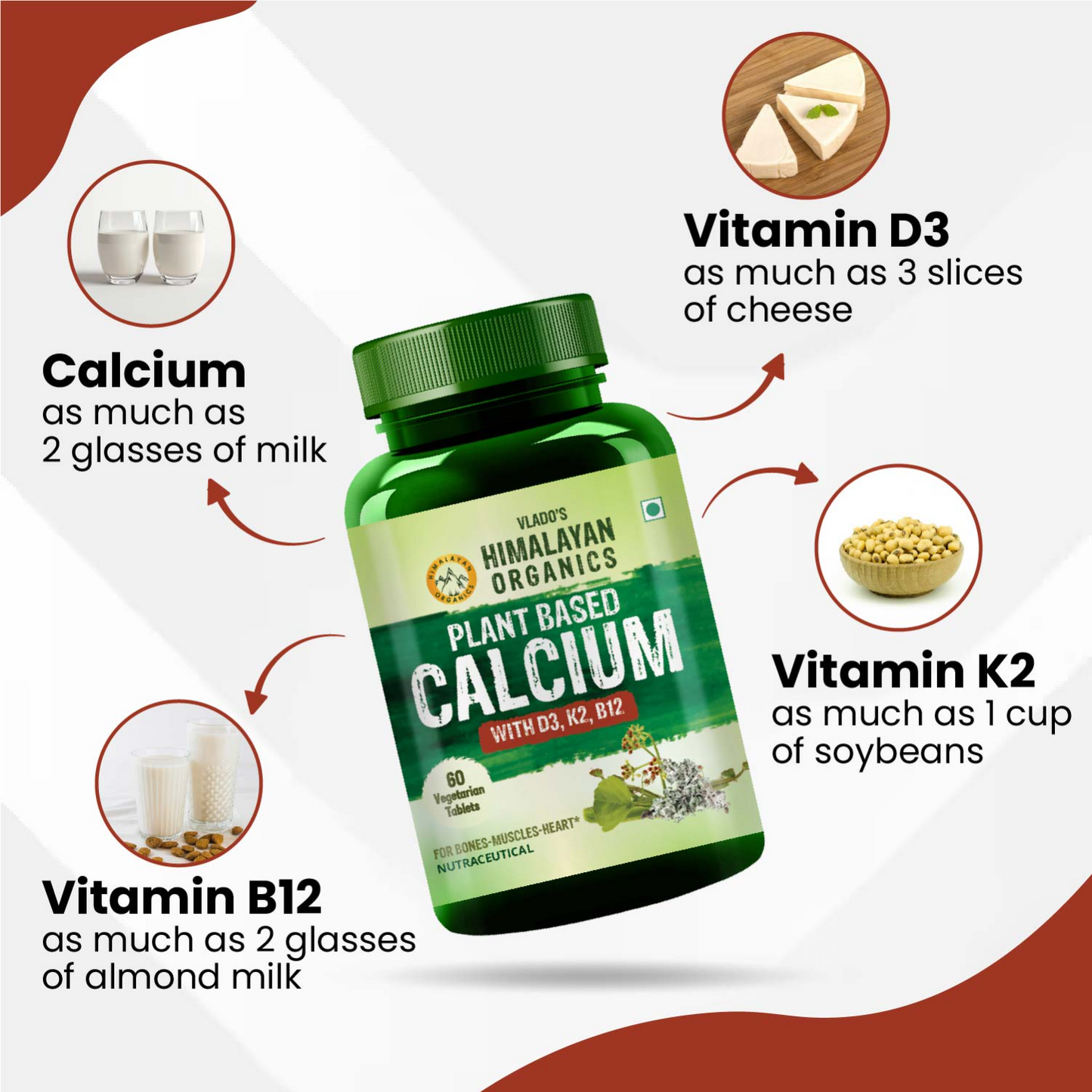 Vlado's Himalayan Organics Plant-Based Calcium 650mg Supplement with Moringa, Alfalfa & Watercress – 60 Veg Tablets