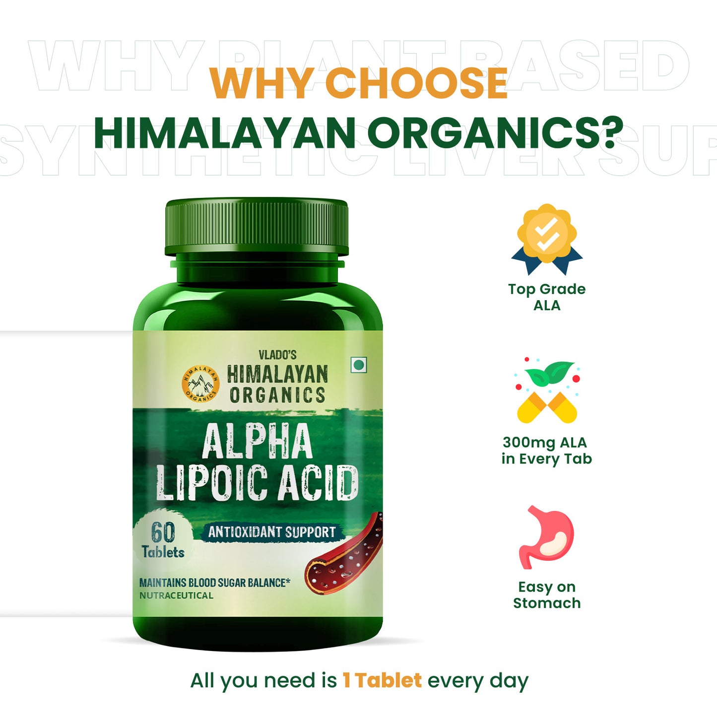 Vlado's Himalayan Organics Alpha Lipoic Acid 300mg | Boost Liver Function, Healthy Blood Sugar, Antioxidant | 60 Veg Tablets