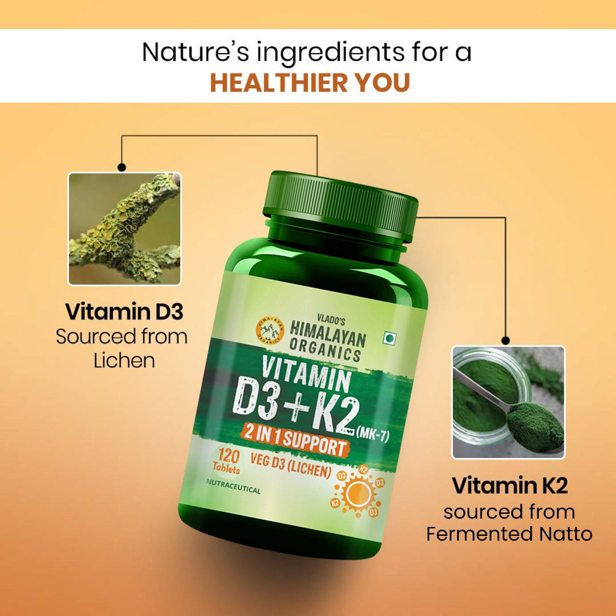 Vlado's Himalayan Organics Vitamin D3 with K2 As MK7 Supplement - 120 Veg Tablets