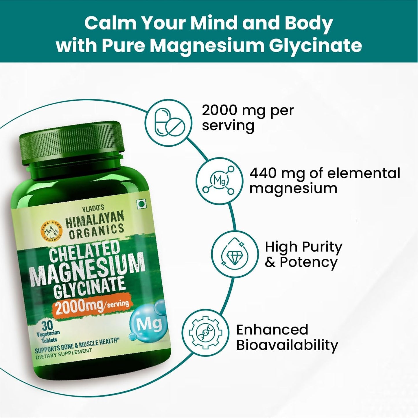 Vlado’s Himalayan Organics Magnesium Glycinate Tablets | High-Absorption 2000 mg Formula with 440 mg Elemental Magnesium | 30 Tablets (100% RDA)