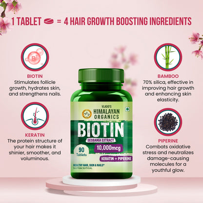 Vlado's Himalayan Organics Biotin 10,000mcg with Keratin + Piperine Supplement For Healthy Hair, Skin & Nails - 90 Veg Tablets