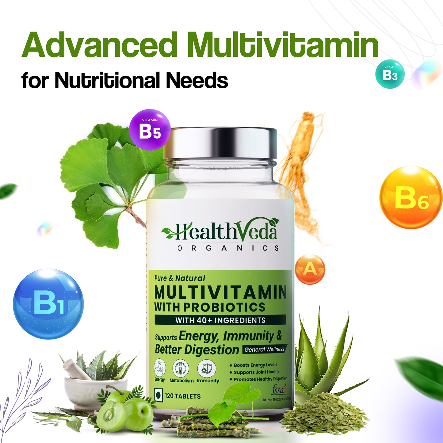 Health Veda Organics Multivitamin with Probiotics | Boosts Stamina, Enhances Nervous Systems & Improves Vision | 120 Veg Tablets for both Men & Women