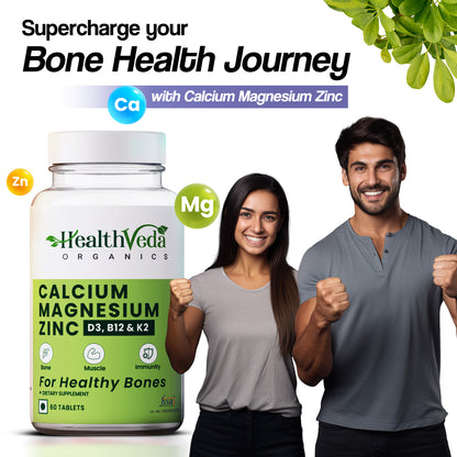 Health Veda Organics Calcium, Magnesium, Zinc with Vitamin D3 & B12, 1000mg I 60 Veg Tablets | Support Strong Bones, Joints & Muscles | For Both Men & Women