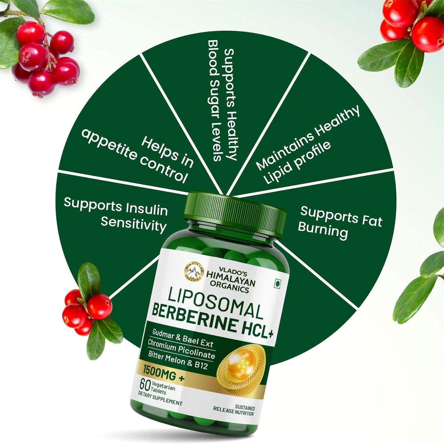 Vlado’s Himalayan Organics Liposomal Berberine HCL+ 1500 mg | With Piperine, Chromium, Bitter Melon, Bael & Gudmar | Advanced Herbal Blend | 60 Veg Tablets