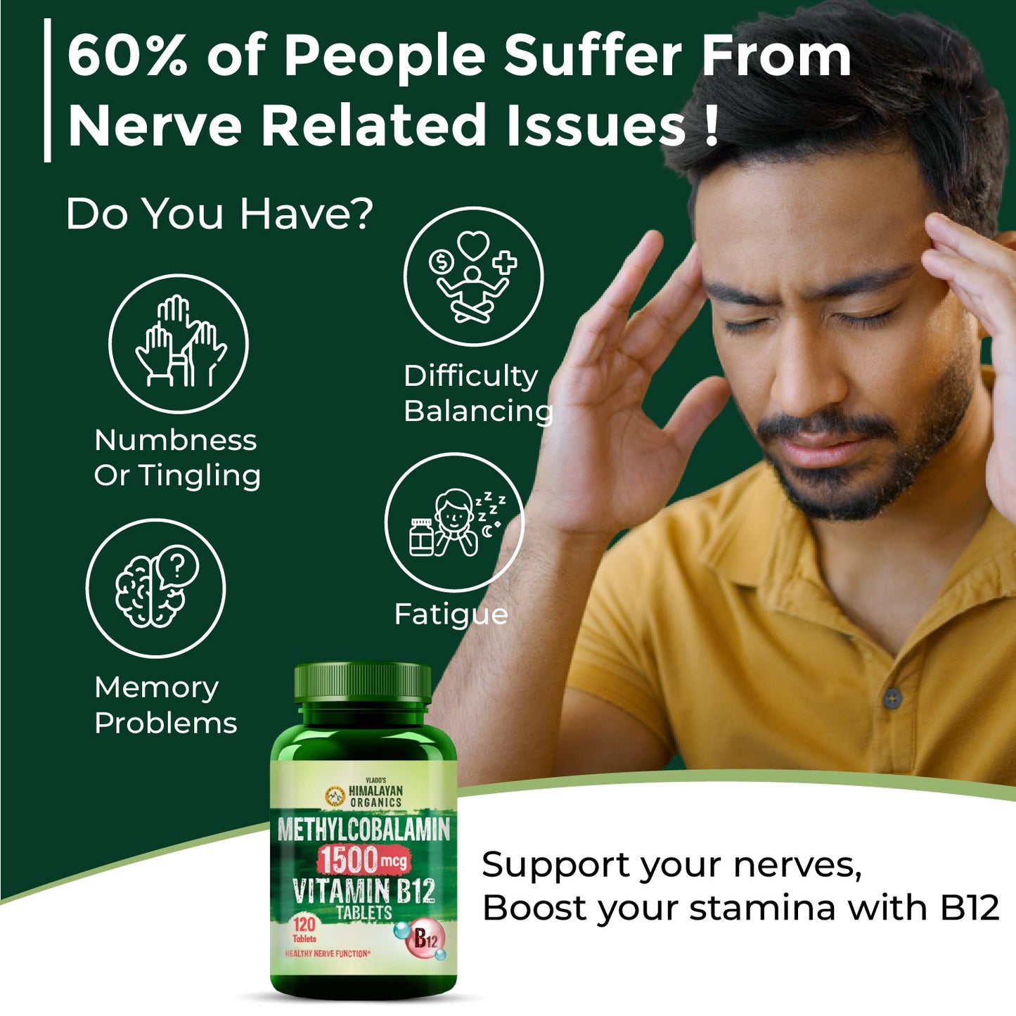 Vlado's Himalayan Organics Methylcobalamin Vitamin B12 Tablets 1500 mcg | 120 Vegetarian Tablets | 4 Months Supply