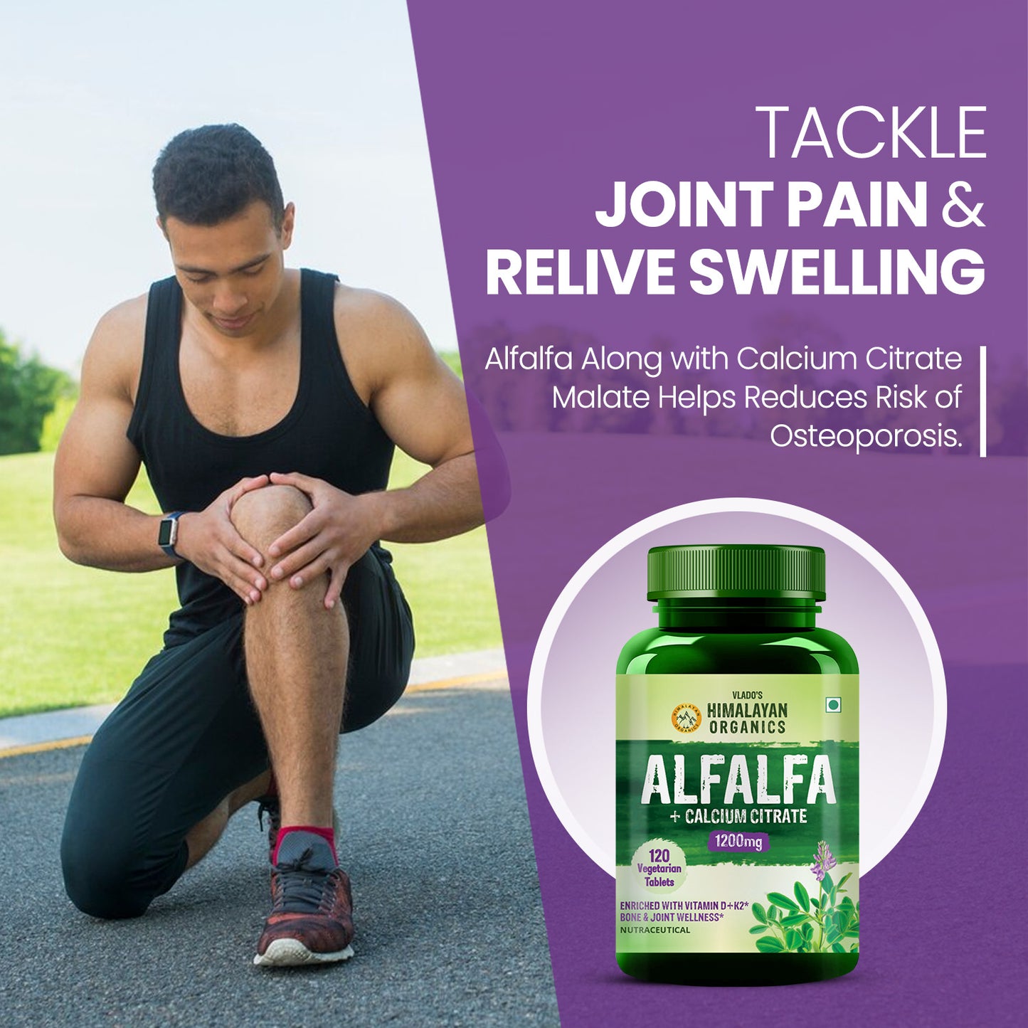 Vlado's Himalayan Organics Alfalfa Calcium Citrate Malate 1200mg with Vitamin D, K2, MK-7, B12, Zinc & Magnesium - 120 Veg Tablets