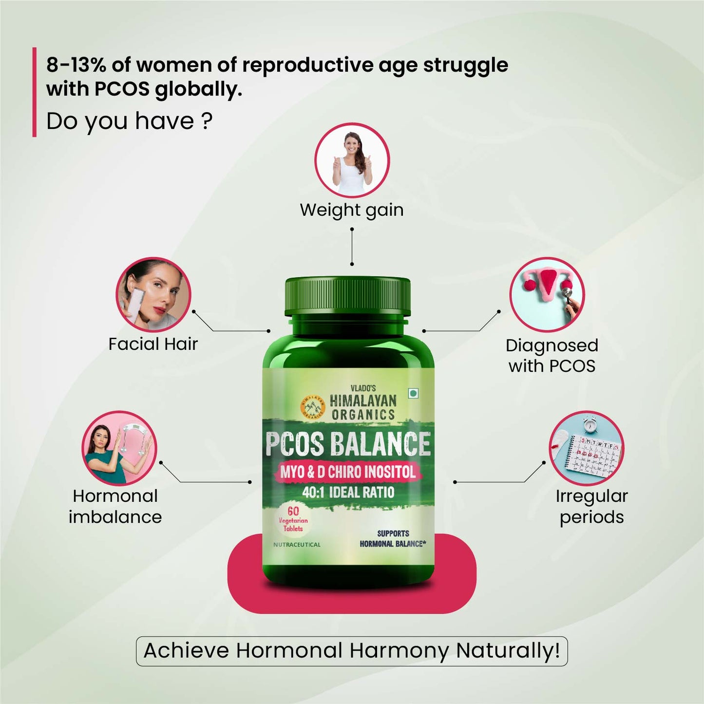 Vlado’s Himalayan Organics Plant-Based PCOS Support Supplement for Women with Myo-Inositol & D-Chiro-Inositol 40:1 Ratio – 60 Veg Tablets