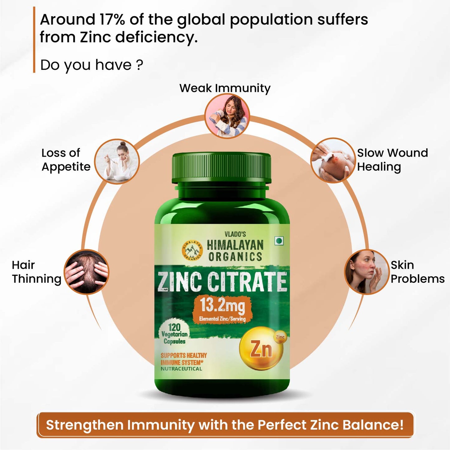 Vlado's Himalayan Organics Zinc Citrate | Support Healthy Immune Function | Improve Iron Absorption | Antioxidant Support - 120 Veg Capsules