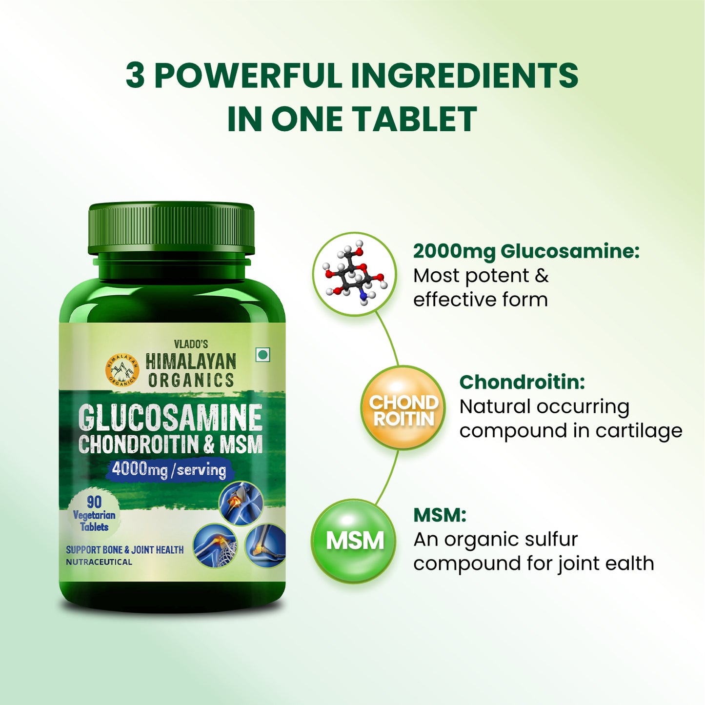 Vlado's Himalayan Organics Glucosamine Chondroitin MSM with Boswellia | For Bone, Joint & Cartilage Support | 90 Tablets