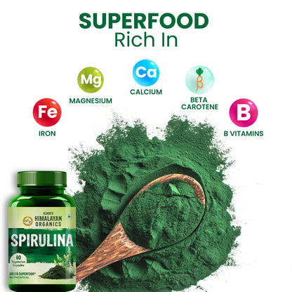 Vlado's Himalayan Organics Spirulina 2000mg Supplement | Green Food For Good Health Weight Management And Immunity Booster | Helps In Healthy Heart - 60 Vegetarian Capsules