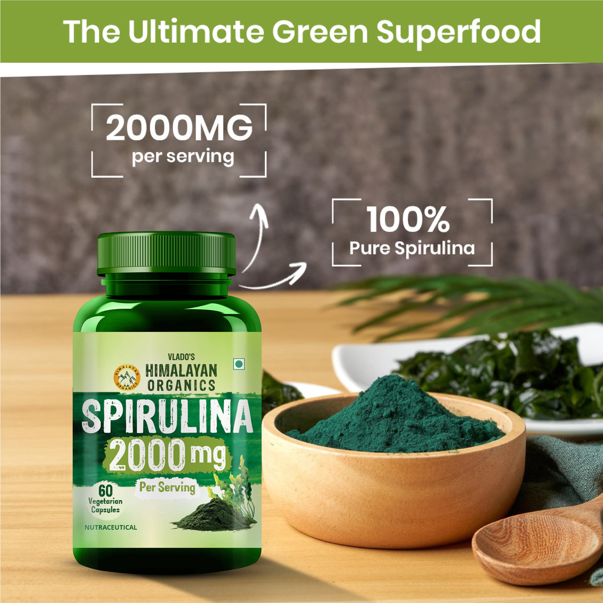 Vlado's Himalayan Organics Spirulina 2000mg Supplement | Plant-Based Superfood | 60 Vegetarian Capsules