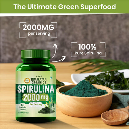 Vlado's Himalayan Organics Spirulina 2000mg Supplement | Plant-Based Superfood | 60 Vegetarian Capsules