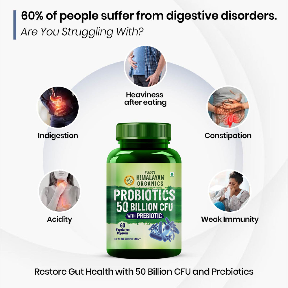 Vlado's Himalayan Organics Probiotics Supplement 50 Billion CFU with Prebiotics 150mg | 20 Strains | Plant-Based Formula | 60 Veg Capsules