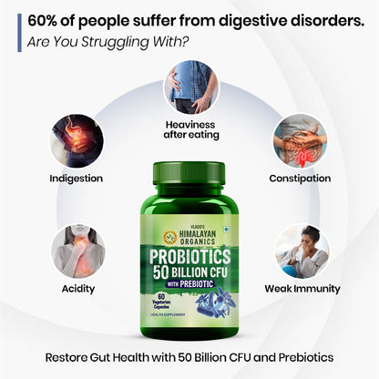 Vlado's Himalayan Organics Probiotics Supplement 50 Billion CFU with Prebiotics 150mg | 20 Strains | Plant-Based Formula | 60 Veg Capsules