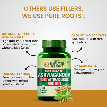 Vlado's Himalayan Organics Pure Ashwagandha Capsules | 10% Withanolides | 600 mg Ultra High Potency | Root-Only Extract | 30 Veg Capsules