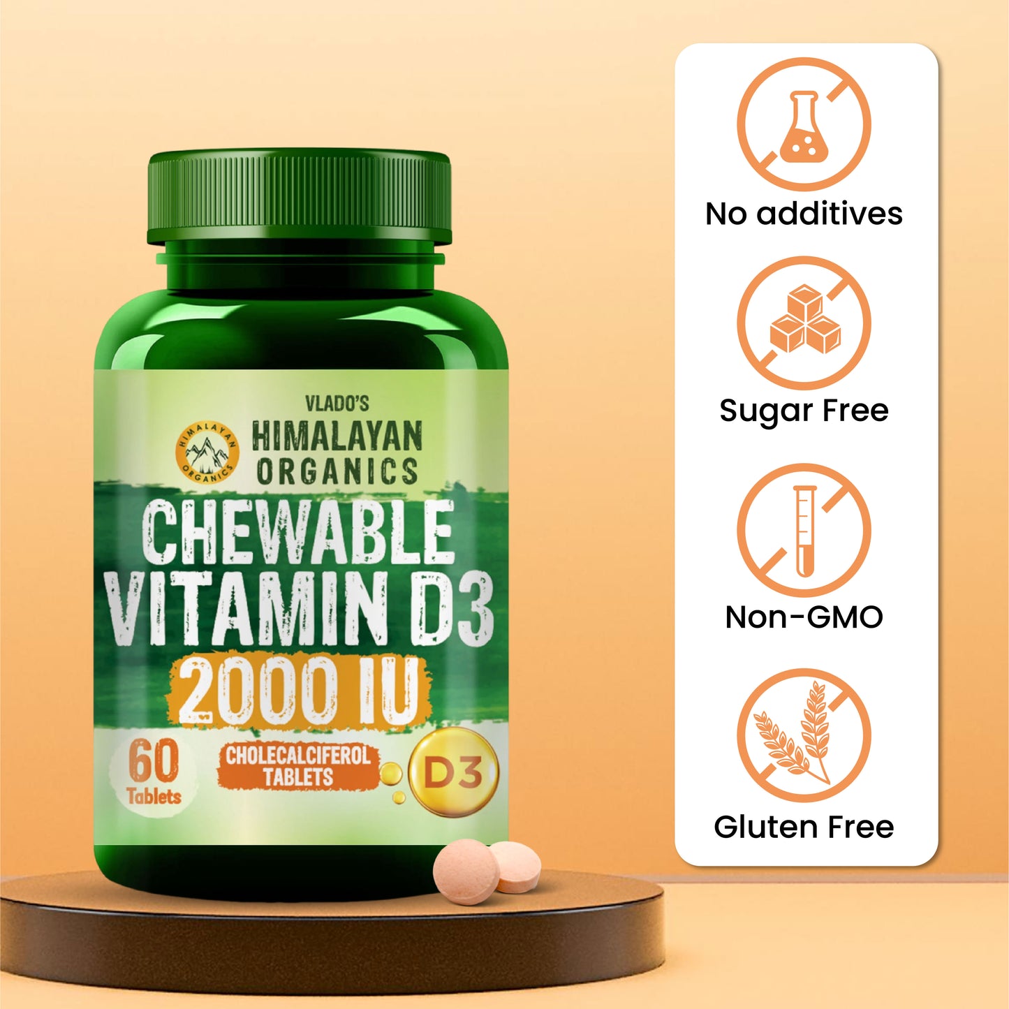 Vlado's Himalayan Organics Vitamin D3 2000 IU Chewable Tablets | Cholecalciferol | Orange Flavour | Dietary Supplement for Men & Women | 60 Tablets