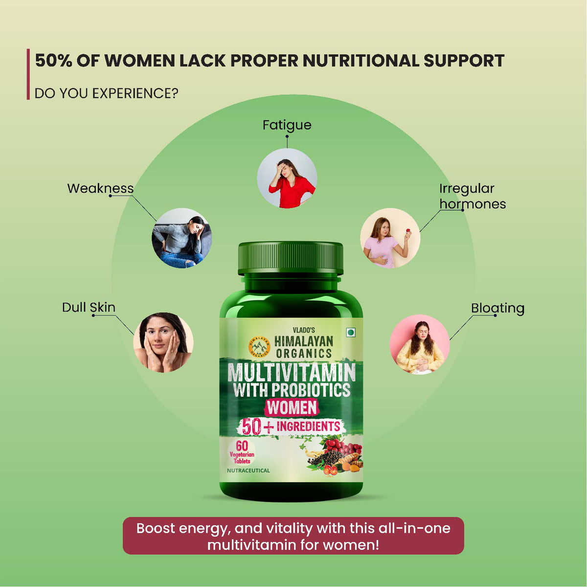 Vlado's Himalayan Organics Multivitamin with Probiotics for Women | 60 Veg Tablet