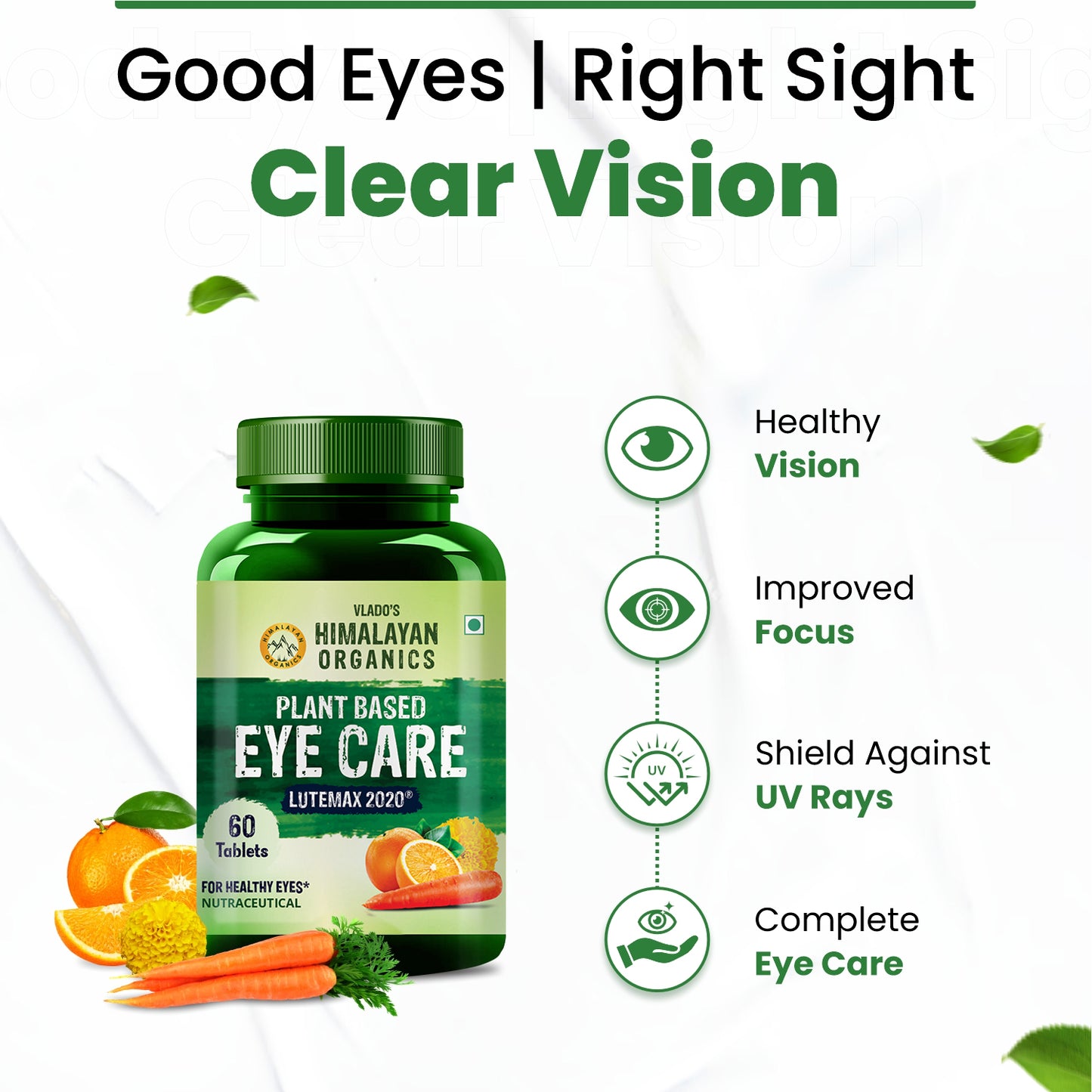 Vlado's Himalayan Organics Eye Care Supplement (Lutemax 2020, Orange Extract, Carrot Extract) - 60 Tablets