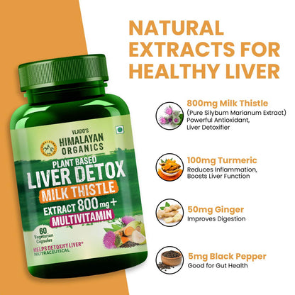Vlado's Himalayan Organics Plant Based Liver Detox Supplement With Milk Thistle- 800mg (30:1) I  Good For Men & Women - 60 Veg Capsules
