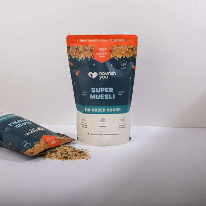 Nourish You No Added Sugar Quinoa Super Muesli with Nuts & Seeds | Breakfast Muesli | Quinoa , Ragi , Bajra & Jowar | Almonds , Pumpkin , Watermelon & Flax | High Protein Healthy Breakfast Cereal | No Artificial Sweeteners | No Added Flavours | 400G