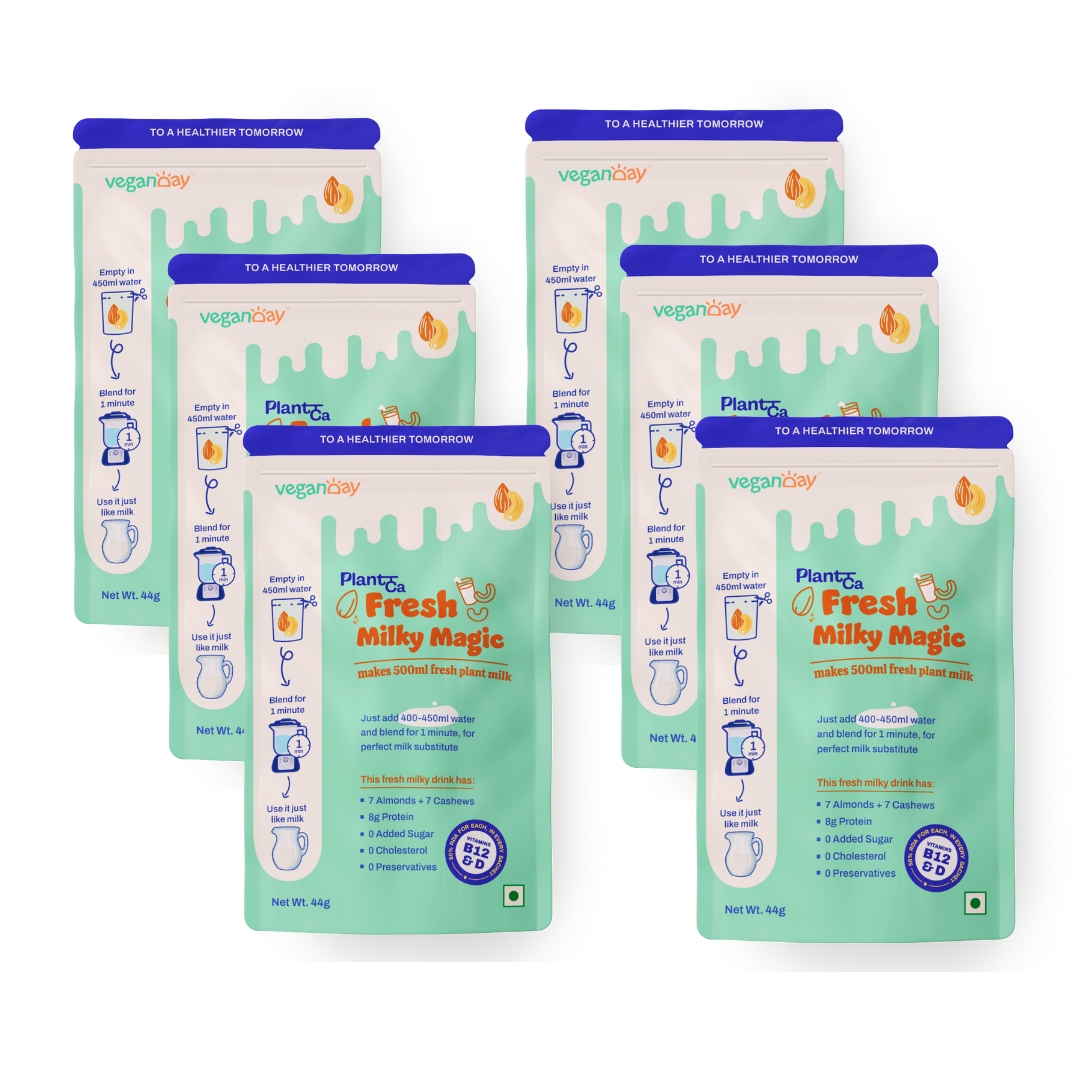 VeganDay Milky Magic (makes 3L Plant Milk) | Fresh, Unsweetened & Plant-Based (PlantCa) | Just add water & blend | Dairy-free, Lactose-free | Zero added sugar, Zero Cholesterol, Zero Preservatives (Pack of 500ml x 6)