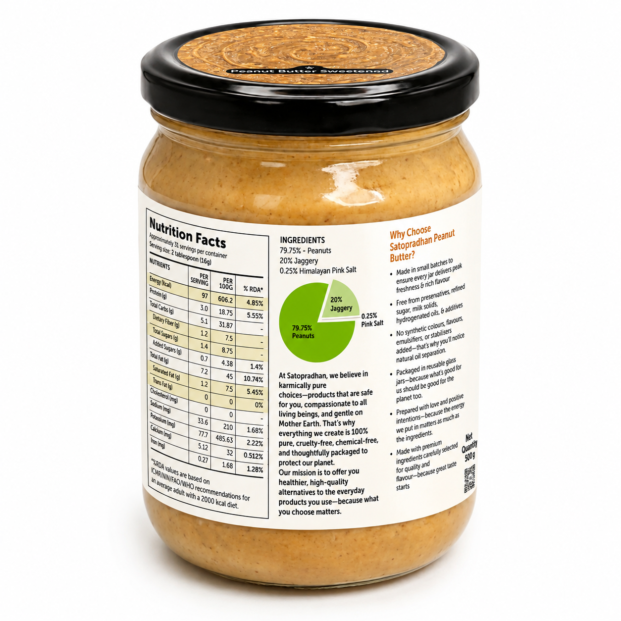 Crunchy Peanut Butter with Jaggery 500g - No Refined Sugar - No Palm Oil - Natural Spread