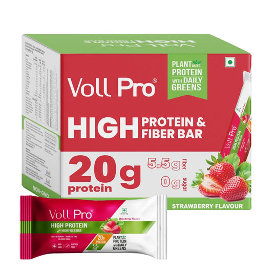 Voll Pro Plant Protein Bar with Daily Greens | Strawberry Flavor | Sugar Free Bar With 20g Plant Protein and Fiber 5.5g | Non-GMO | Gluten & Trans Fat Free | Each Bar Of 50g