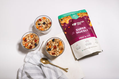Nourish You Super Muesli Fruit & Nut 400g | Whole Grain Breakfast Cereal with Rolled Oats, Quinoa, Bajra, Jowar, Ragi & Brown Rice | Sweetened with Natural Kakvi | High Fiber & Protein | Gluten-Free Healthy Breakfast