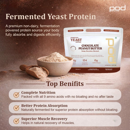 Fermented Yeast Protein Blend | Chocolate Peanut Butter Flavor | 24g Protein, 0g Added Sugar, Gut-Friendly | Sweetened with Stevia & Monk Fruit | No Bloating, High Absorption | 500g