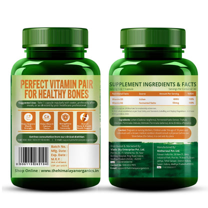 Vlado Himalayan Organics Plant Based Vitamin D3 600 IU + K2 MK7 55 mcg Capsules | Lichen-Sourced Vegan Vitamin D3 | Non-Synthetic Formula | 100% Vegetarian | 60 Capsules