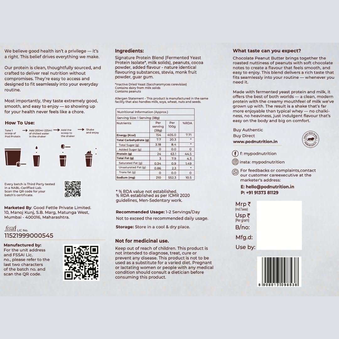 Fermented Yeast Protein Blend | Chocolate Peanut Butter Flavor | 24g Protein, 0g Added Sugar, Gut-Friendly | Sweetened with Stevia & Monk Fruit | No Bloating, High Absorption | 500g
