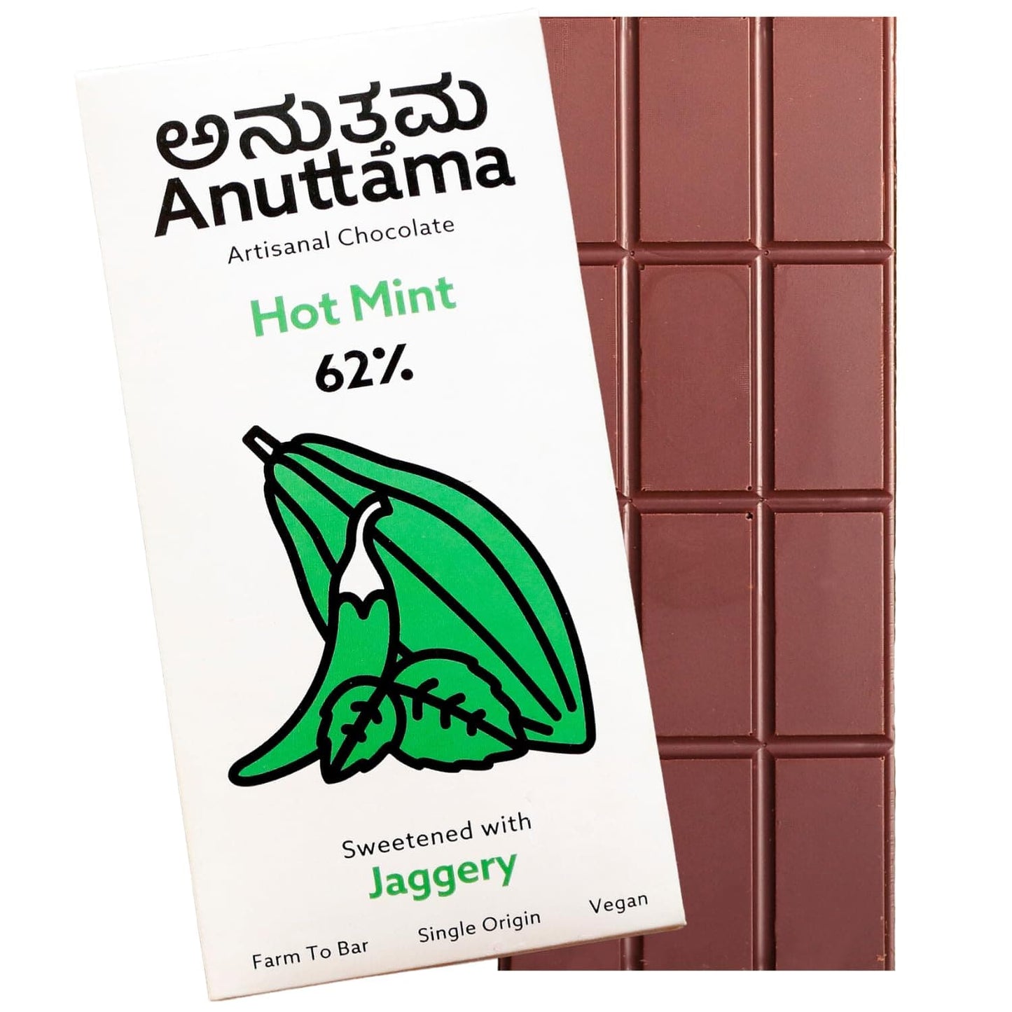 ANUTTAMA Dark Chocolate | 62% Coco Sea Salt & Hot Mint Flavours | Sweetened with Jaggery Dark Chocolate Bar | (50gm X Pack of 2)