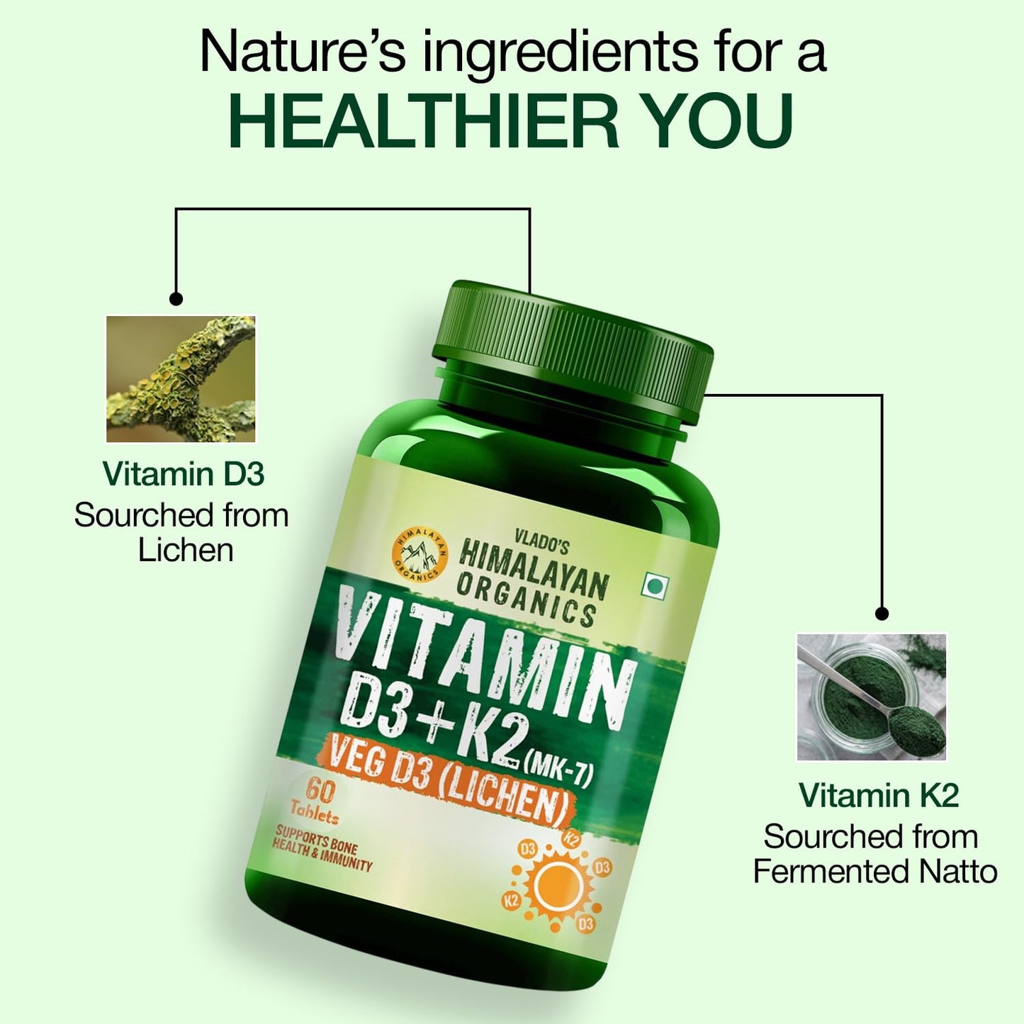 Vlado's Himalayan Organics Vitamin D3 K2 Tablets 600 IU with K2 MK7 55 mcg | Lichen Source Plant-Based Vitamin D3 | 60 Vegetarian Tablets