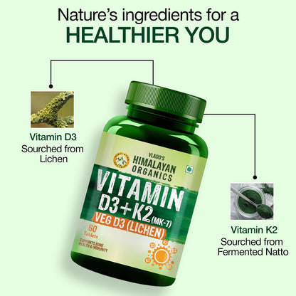 Vlado's Himalayan Organics Vitamin D3 K2 Tablets 600 IU with K2 MK7 55 mcg | Lichen Source Plant-Based Vitamin D3 | 60 Vegetarian Tablets