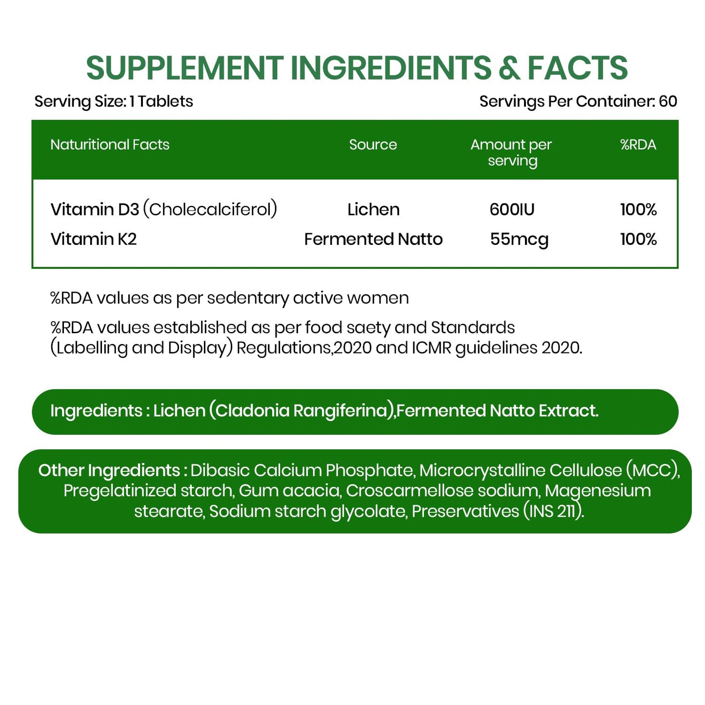 Vlado's Himalayan Organics Vitamin D3 K2 Tablets 600 IU with K2 MK7 55 mcg | Lichen Source Plant-Based Vitamin D3 | 60 Vegetarian Tablets