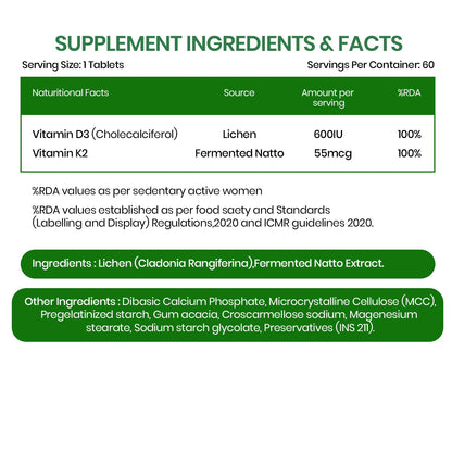 Vlado's Himalayan Organics Vitamin D3 K2 Tablets 600 IU with K2 MK7 55 mcg | Lichen Source Plant-Based Vitamin D3 | 60 Vegetarian Tablets