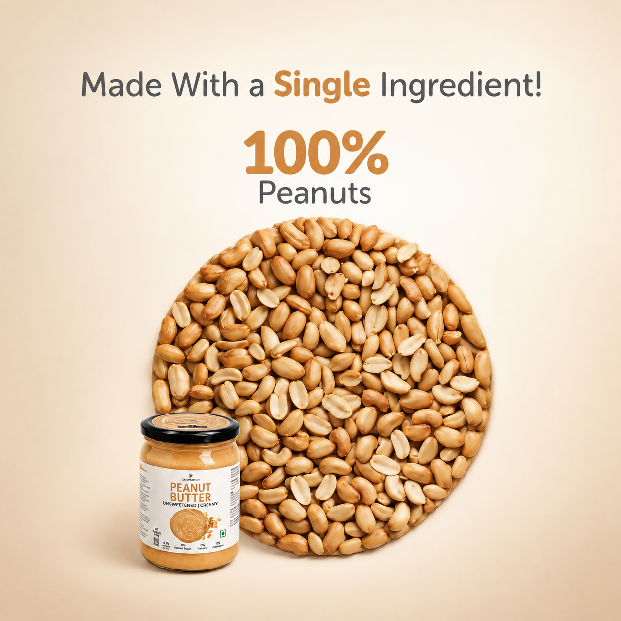 Sugar Free Plain Peanut Butter 500g – Creamy - Unsweetened - 100% Peanuts