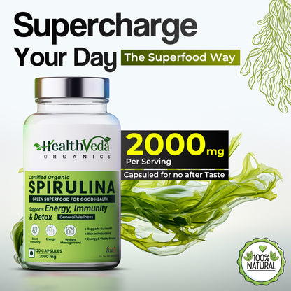 Health Veda Organics Plant Based Spirulina, 2000 mg | 120 Veg Capsules I Supports Weight Management & Boosts Immunity | For both Men & Women